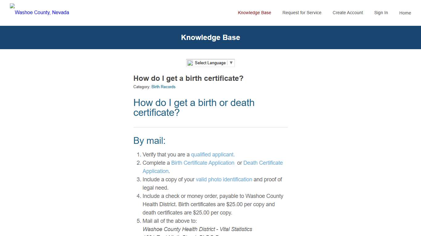 How do I get a birth certificate? - Washoe County, NV